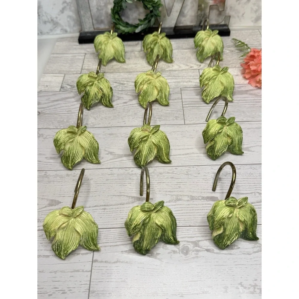 Set of 23 Green Leaves Shower Curtain Hooks Vintage Gold Tone Metal‎ Nature GUC